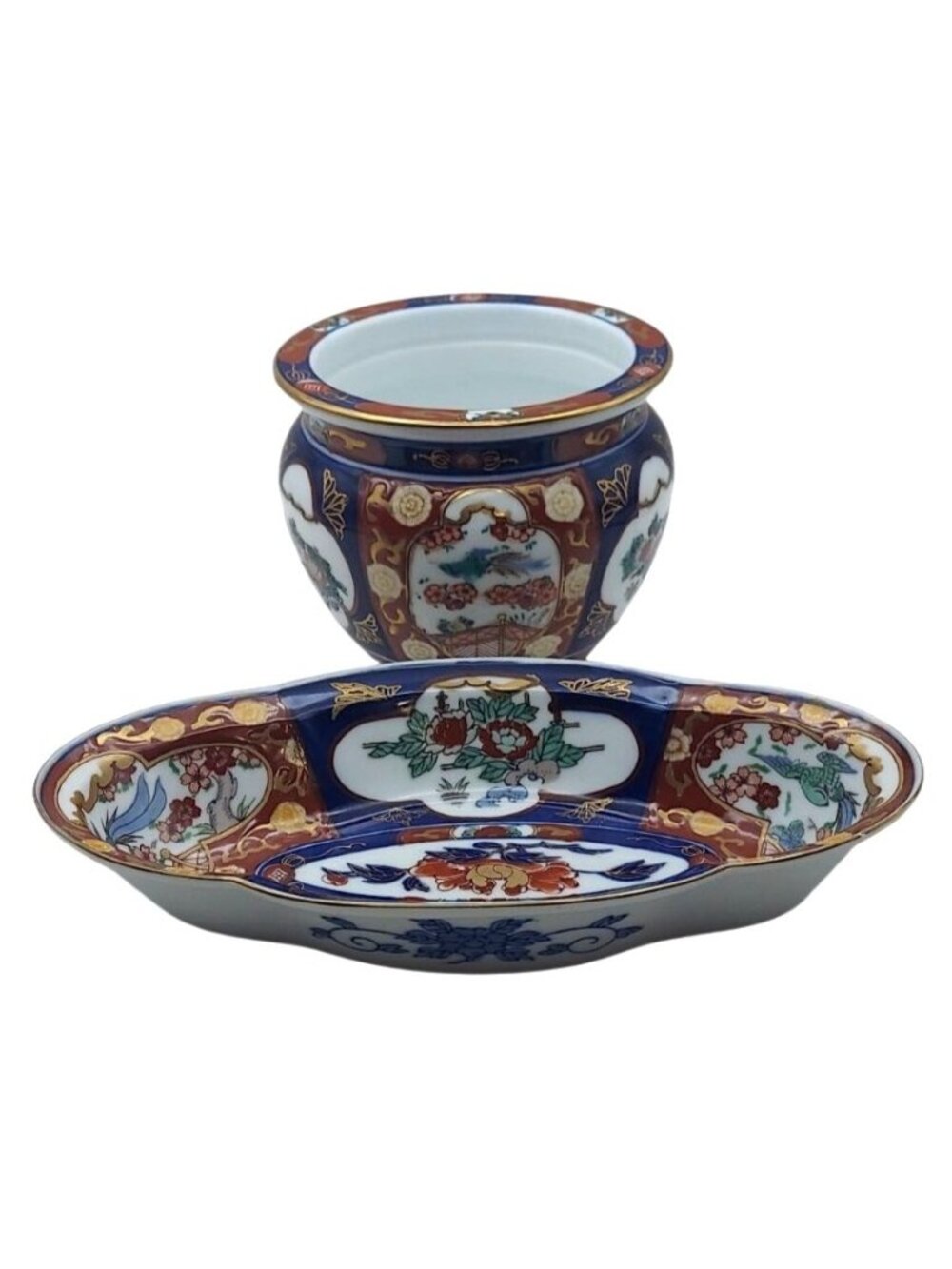 Vintage Gold Imari Hand Painted Porcelain Planter Cachepot & Oval Dish Set Japan